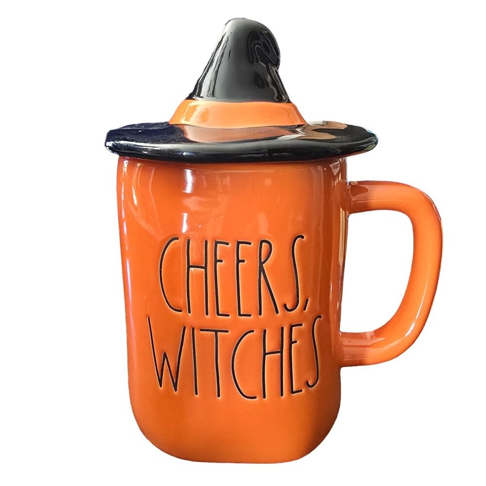 Rae Dunn "Cheers Witches" Orange Ceramic Mug w/ Witch Hat Lid 22Oz Halloween